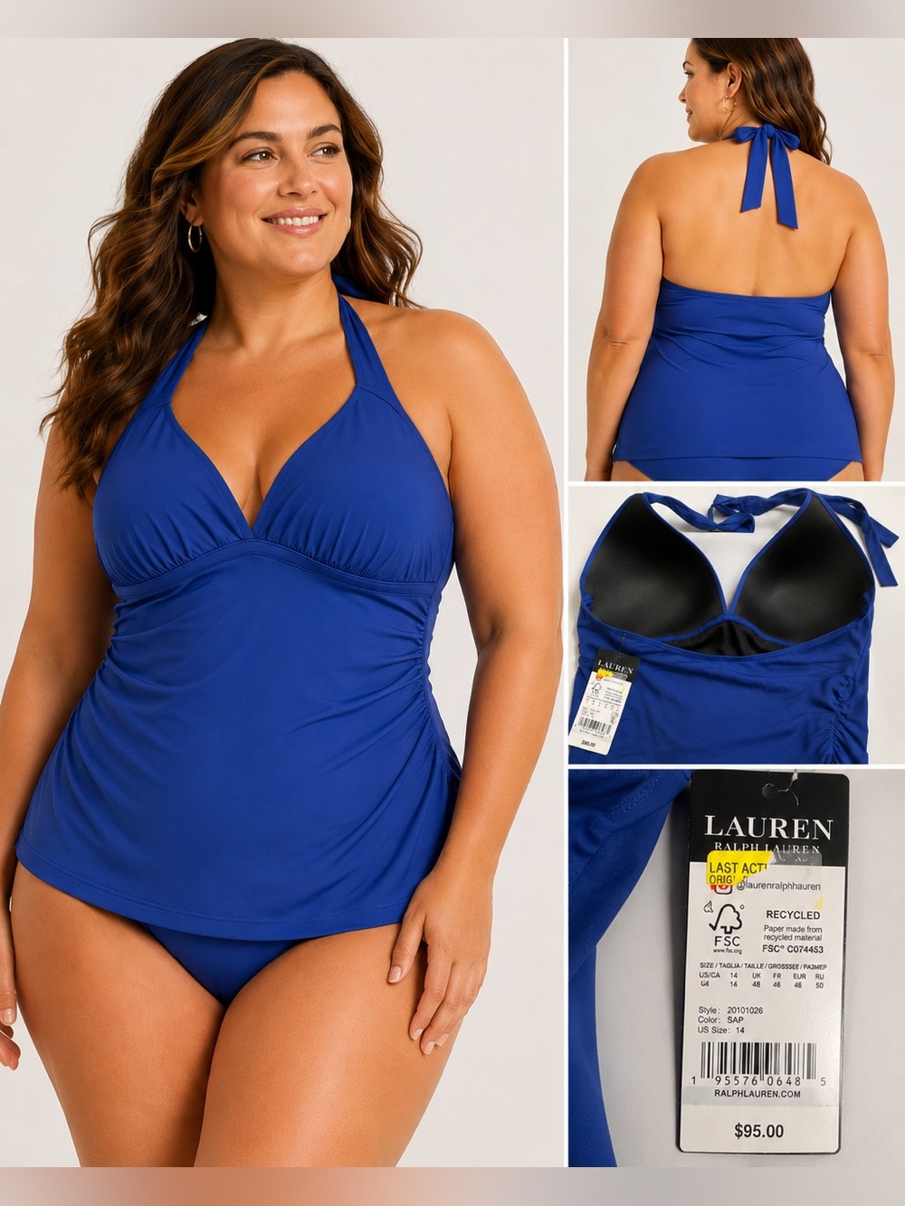 Lauren Ralph Lauren Sapphire Blue Halter Tankini Swim Top Size 14 NWT $95